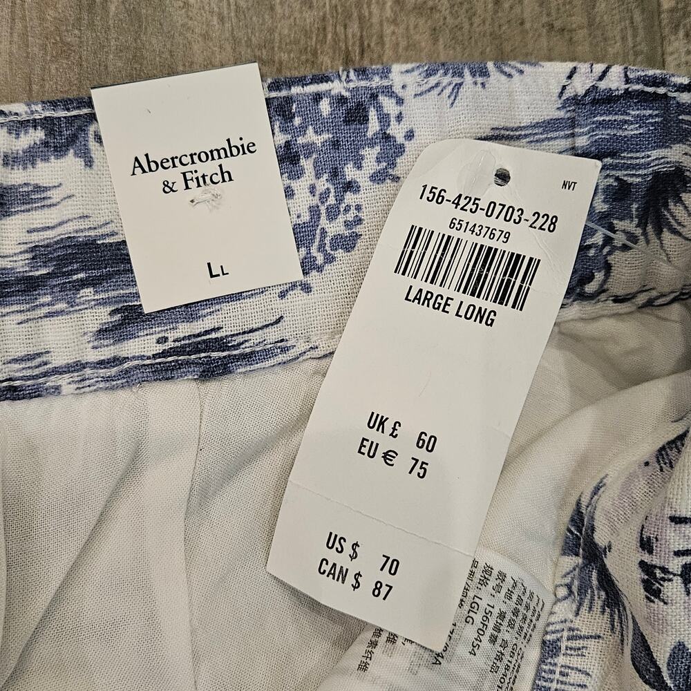 Abercrombie & Fitch Linen Blend Pants Women L Long NEW Blue White Print Wide Leg - Picture 11 of 14
